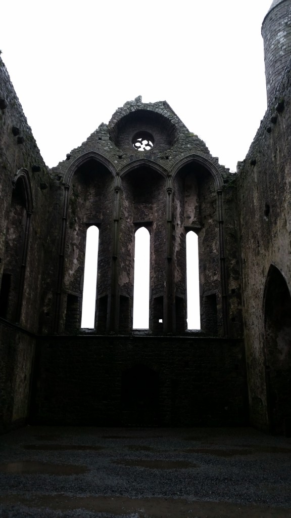 Inside the church on the Rock of Cashel, note the pointed roof from Norman times. Cork day trip 